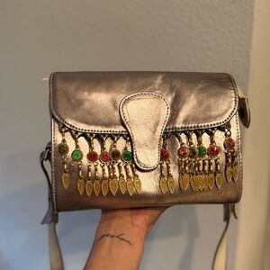 Metallic Fringe Crossbody Bag with Beaded Tassels